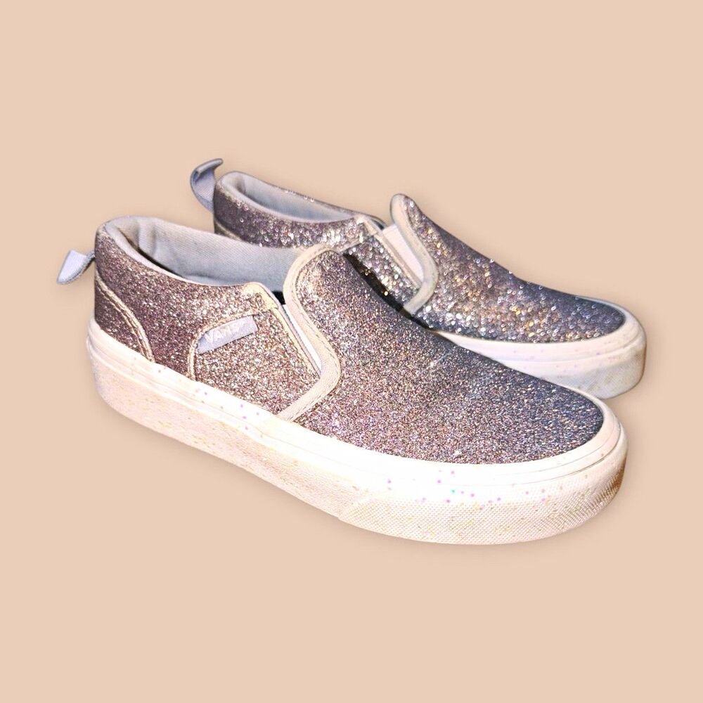Vans Classic Slip-On Unisex Kids Low Top Silver Glitter Sneakers Slip On US 12